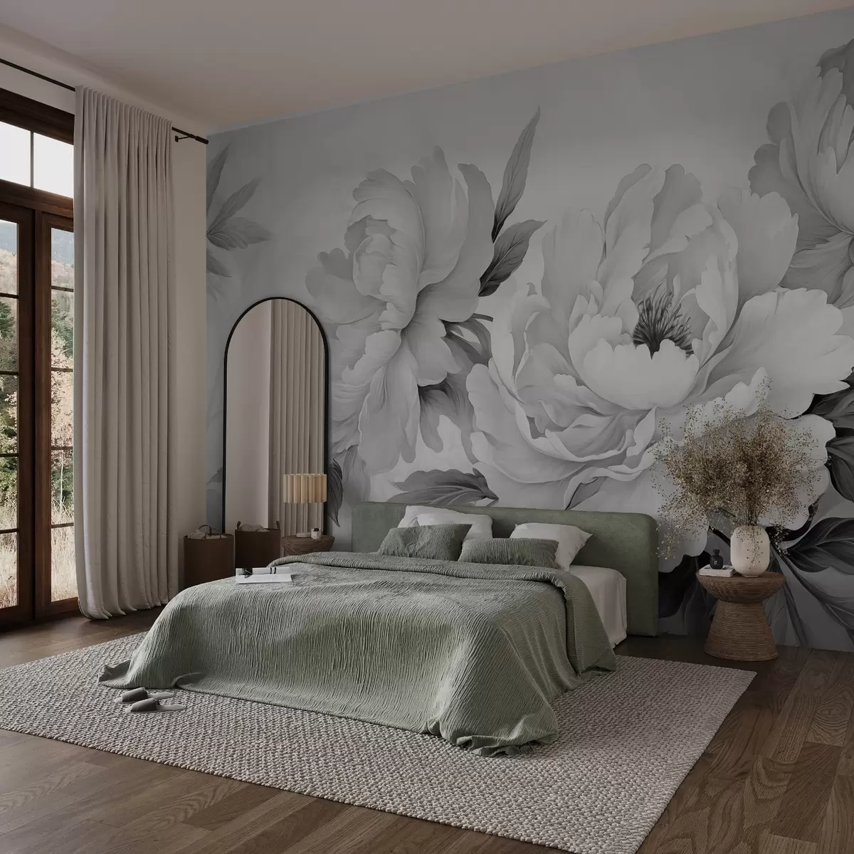 Fototapety Luxusné pivonky v odtieňoch sivej s jemnými detailmi okvetných lístkov a listov, ktoré vytvárajú elegantnú a pokojnú atmosféru. w02856 - Uwalls.sk Fototapety Luxusné pivonky v odtieňoch sivej s jemnými detailmi okvetných lístkov a listov, ktoré vytvárajú elegantnú a pokojnú atmosféru. w02856