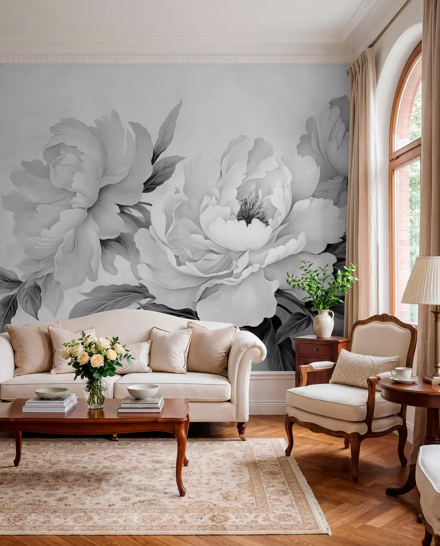 Fototapety Luxusné pivonky v odtieňoch sivej s jemnými detailmi okvetných lístkov a listov, ktoré vytvárajú elegantnú a pokojnú atmosféru w02856