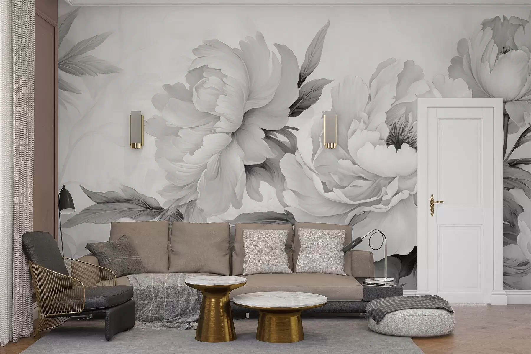 Fototapety Luxusné pivonky v odtieňoch sivej s jemnými detailmi okvetných lístkov a listov, ktoré vytvárajú elegantnú a pokojnú atmosféru w02856