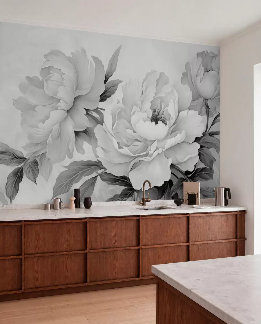 Fototapety Luxusné pivonky v odtieňoch sivej s jemnými detailmi okvetných lístkov a listov, ktoré vytvárajú elegantnú a pokojnú atmosféru w02856