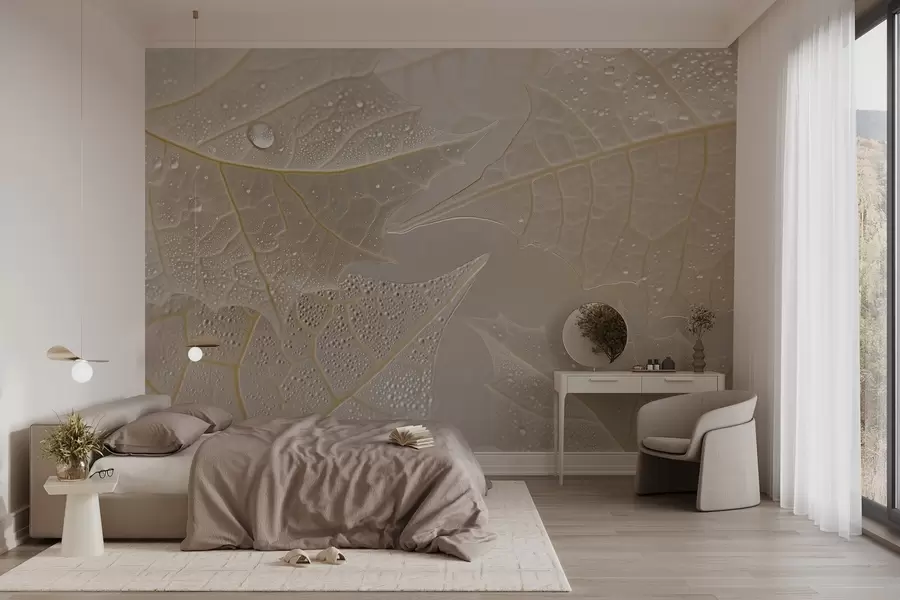 Fototapety Detailný záber na listy so žilkami a kvapkami rosy v béžových tónoch w02872