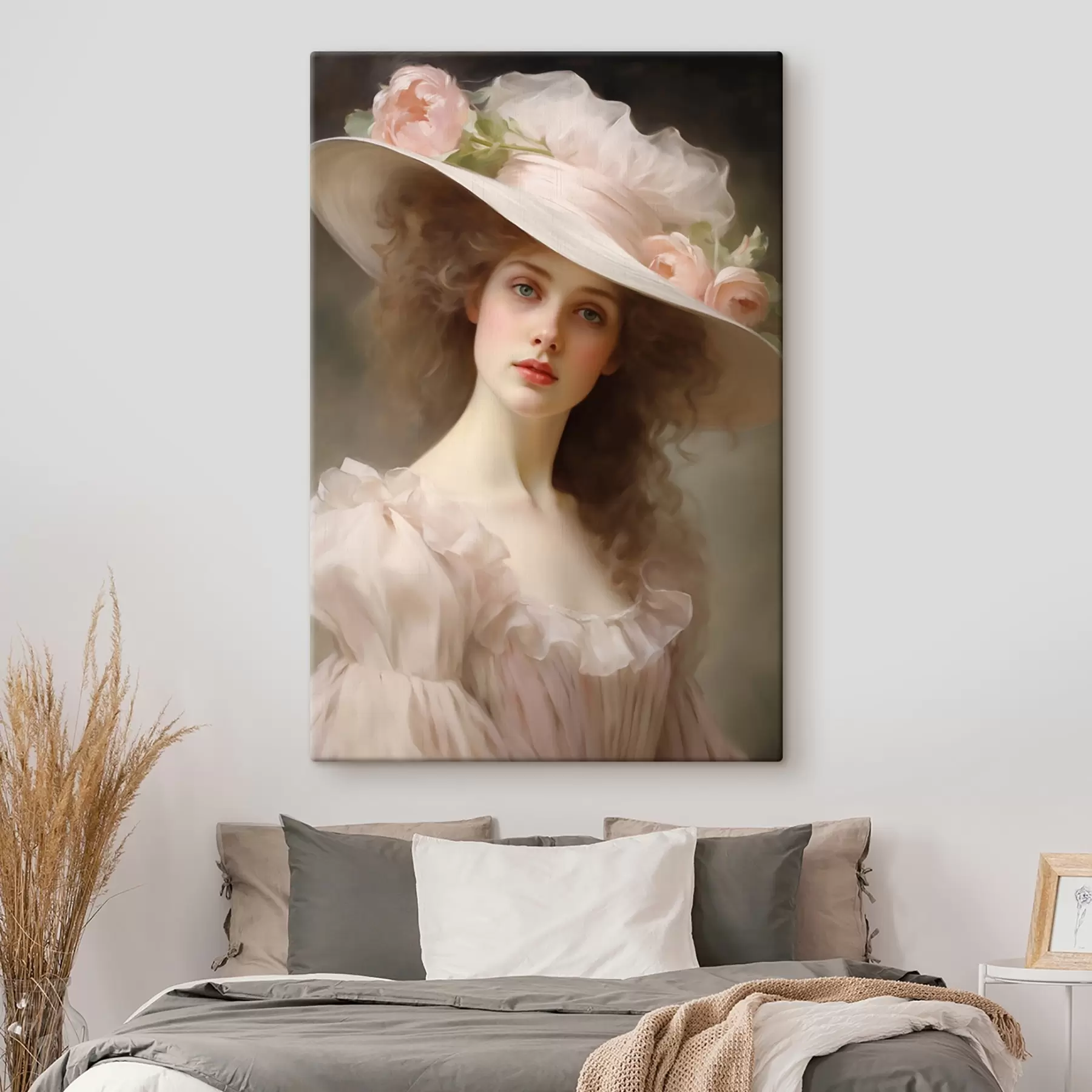 Obraz Portrét mladej ženy v jemných ružových šatách a klobúku zdobenom kvetmi s romantickým a rafinovaným výrazom. s42581