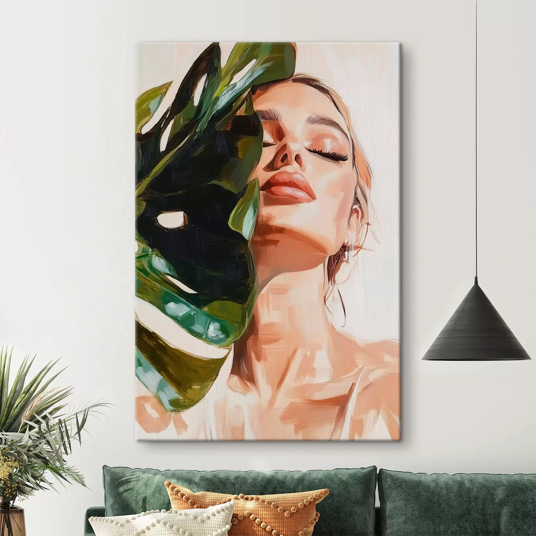 Obraz Portrét ženy s listom monstery s imitáciou ťahov štetcom s42597