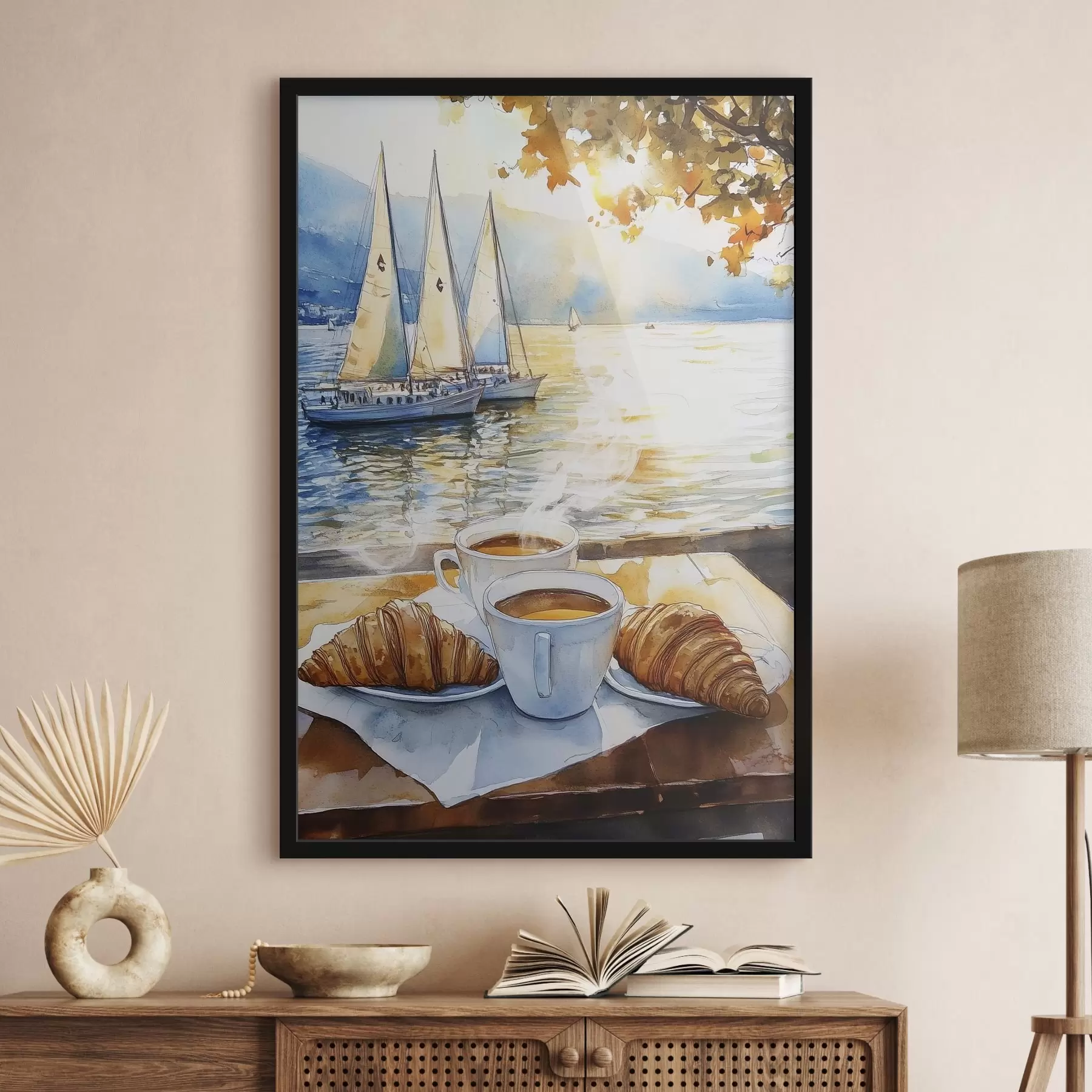 Fototapety Šálky kávy, farby západu slnka, jazero, plachetnice, príroda, cestovanie f42443