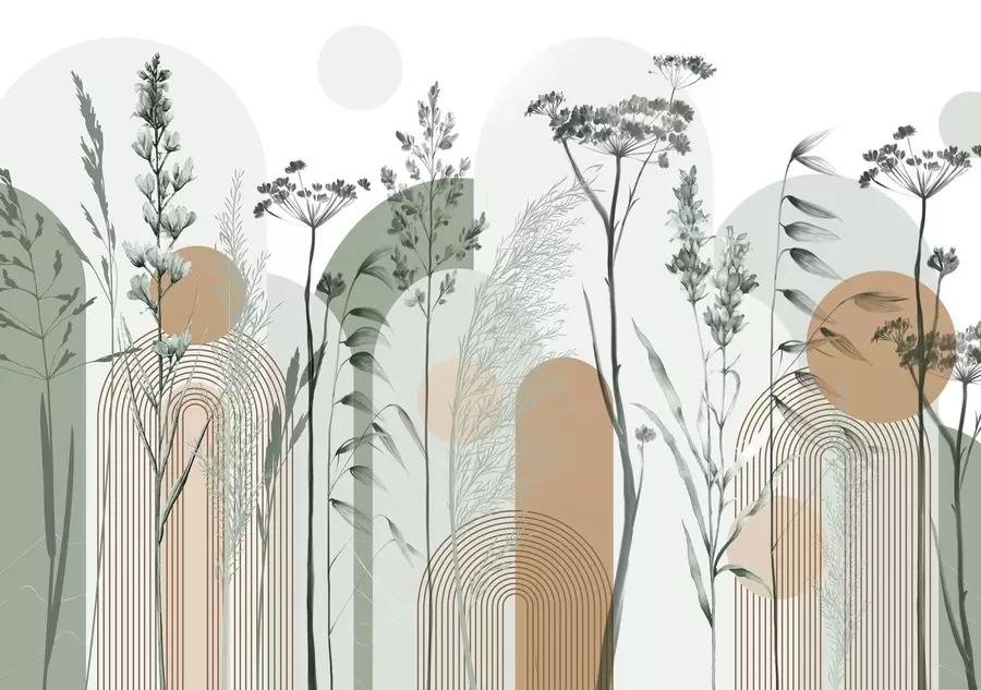 Fototapety Kolekcia rastlín a kvetov v neutrálnych tónoch na abstraktnom oblúkovom pozadí v jemných zelených a oranžových odtieňoch w08665v1