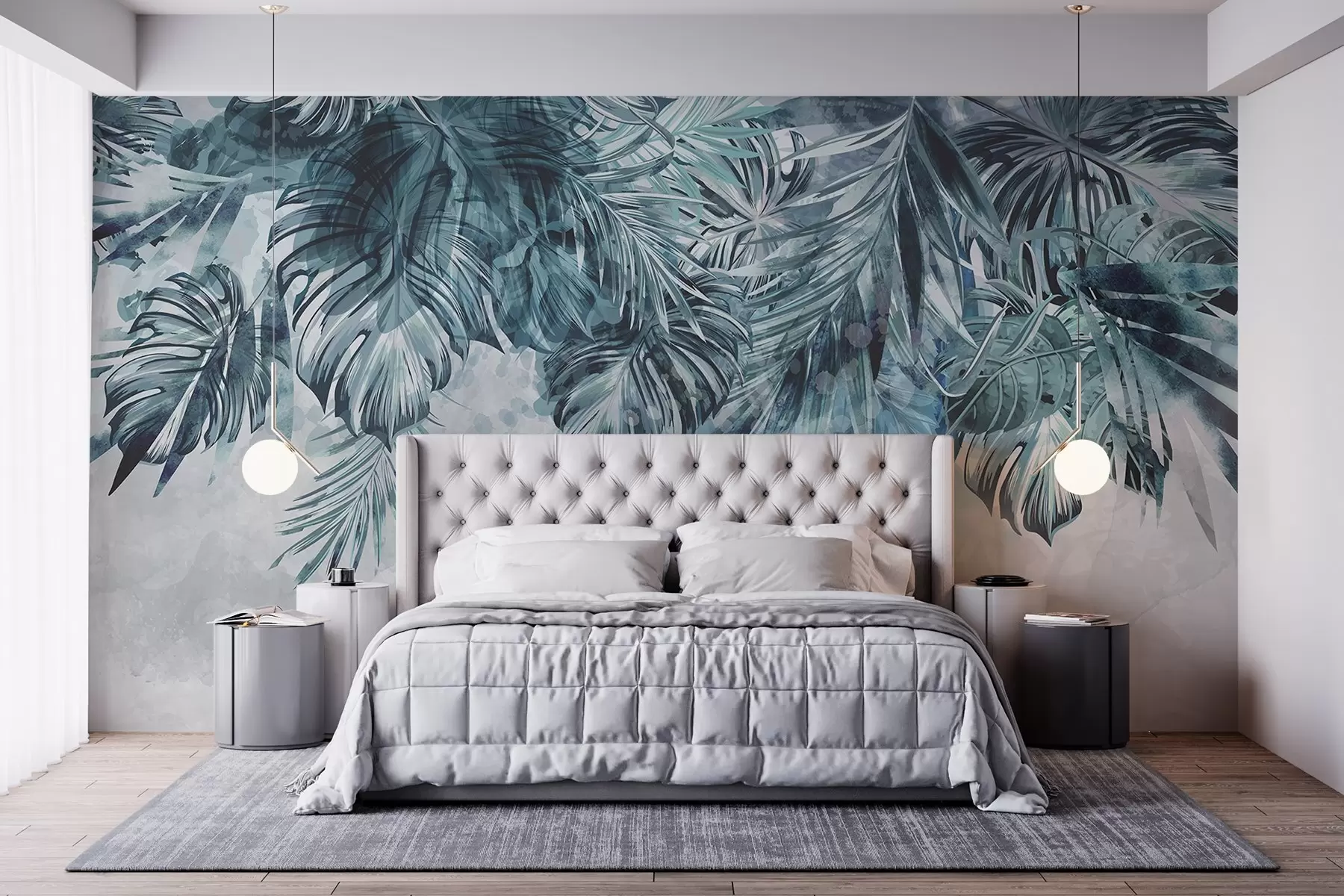 Fototapety Tropické listy v odtieňoch teal a zelenej farby, kaskádovito padajúce zhora, na svetlom, štruktúrovanom pozadí w08667