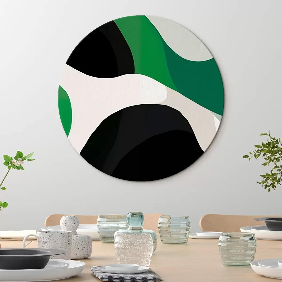 Okrúhle obrazy Abstraktný geometrický vzor v zelených a čiernych tónoch r42651
