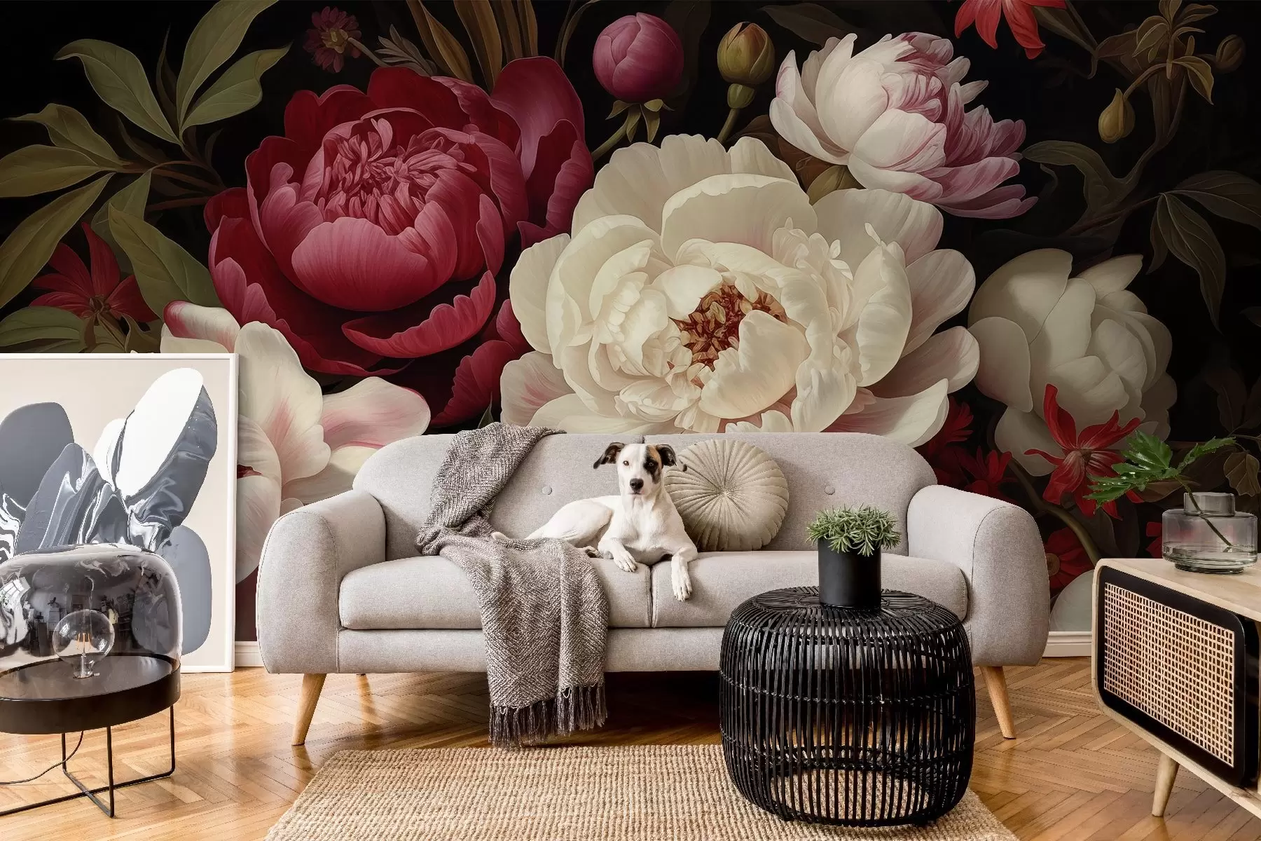 Fototapety Luxusná kytica pivoniek a kvetov v sýtych červených, ružových a krémových odtieňoch na tmavom pozadí w08689