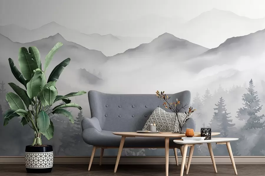 Fototapety Pokojná horská krajina s hmlistými lesmi v jemných sivých a modrých tónoch w08680