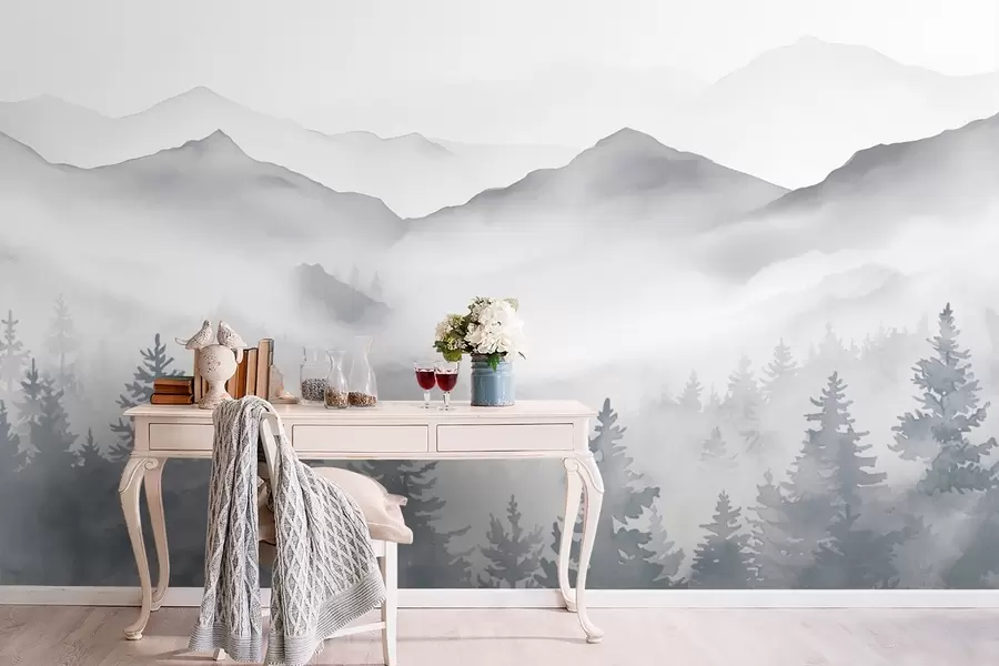 Fototapety Pokojná horská krajina s hmlistými lesmi v jemných sivých a modrých tónoch w08680