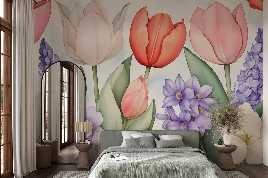 Fototapety Jarné kvety, tulipány, hyacint, akvarel štýl kresby, kvetinové w02940