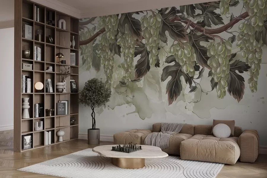 Fototapety Hrozno visiace z viniča so zelenými listami na svetlom pozadí s akvarelovými textúrami w08696