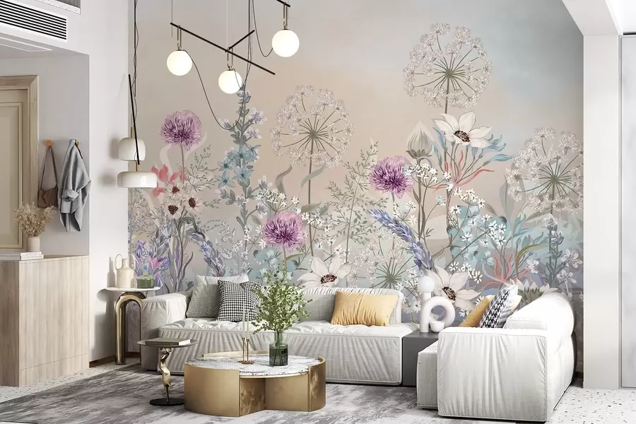 Fototapety Živá kvetinová záhrada s rôznymi kvetmi a trávou na jemnom pozadí s gradientnou textúrou v pastelových farbách w08699