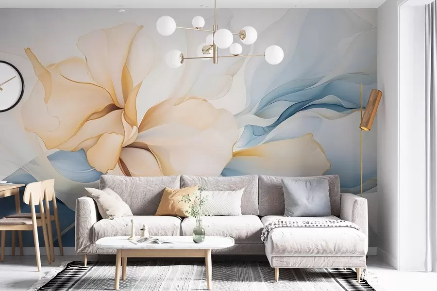 Fototapety Plynúce abstraktné kvetinové lístky priesvitných a vrstvených tvarov v pastelových farbách, v broskyňových a modrých odtieňoch w08701