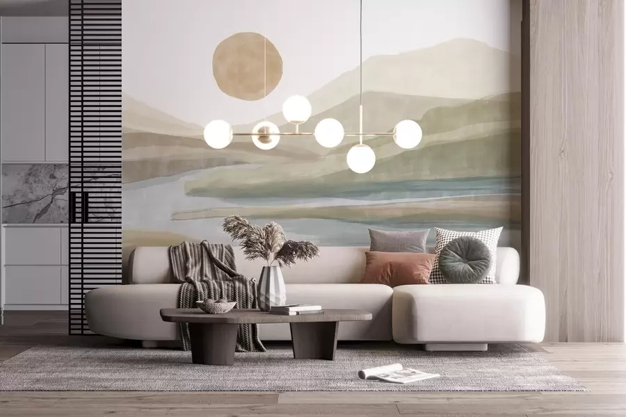 Fototapety Krajina vrstevnatých hôr s miernym sklonom, kľukatá rieka, tlmené oranžové slnko na oblohe w08702