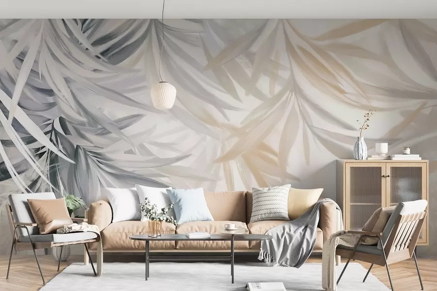 Fototapety Mäkké, splývavé svetlé tropické listy v odtieňoch sivej a broskyňovej farby, ktoré sa prelínajú do bledej, neutrálnej potlače w08703
