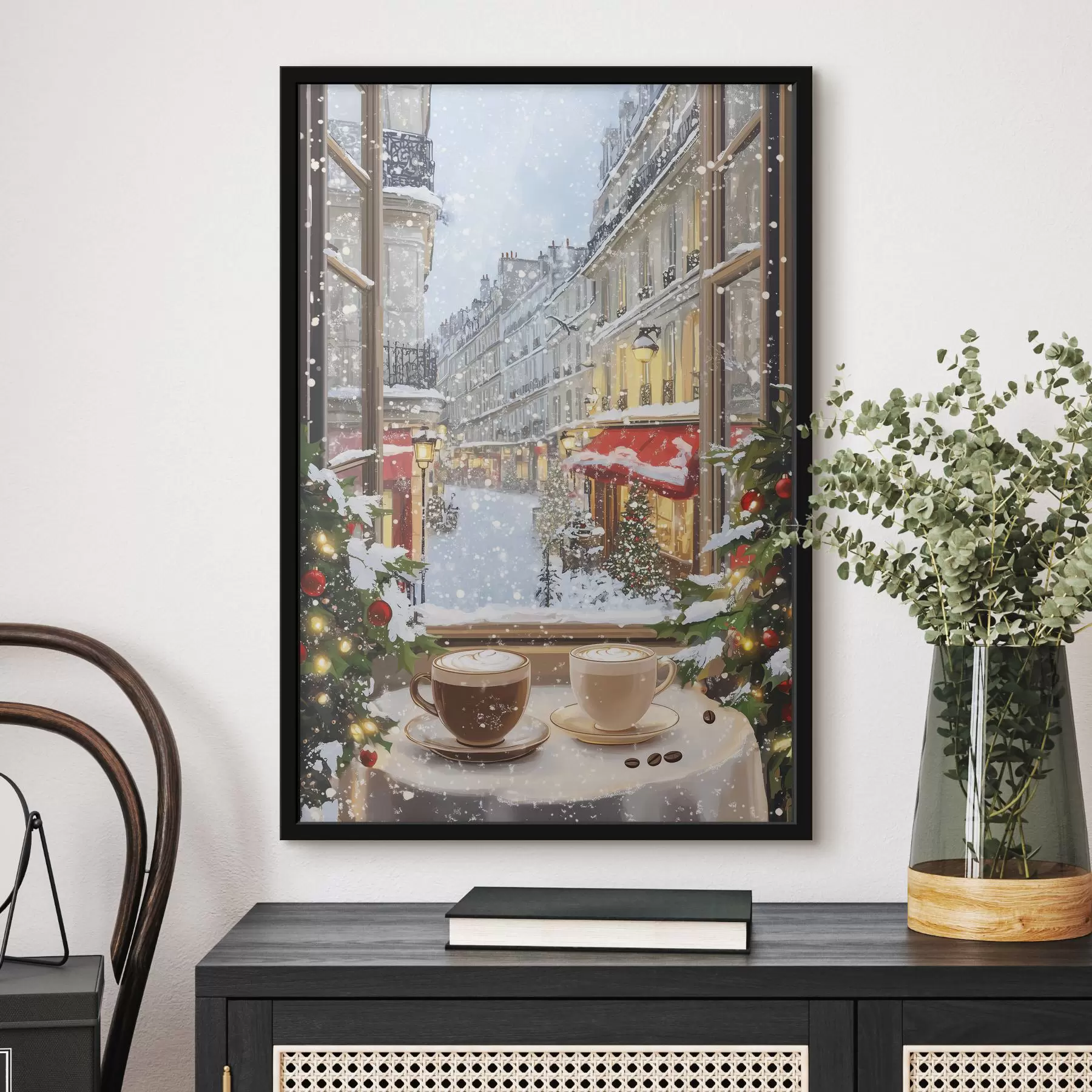 Fototapety Útulná zimná kaviareň, šálky kávy, akrylový štýl, stará mestská architektúra f42795