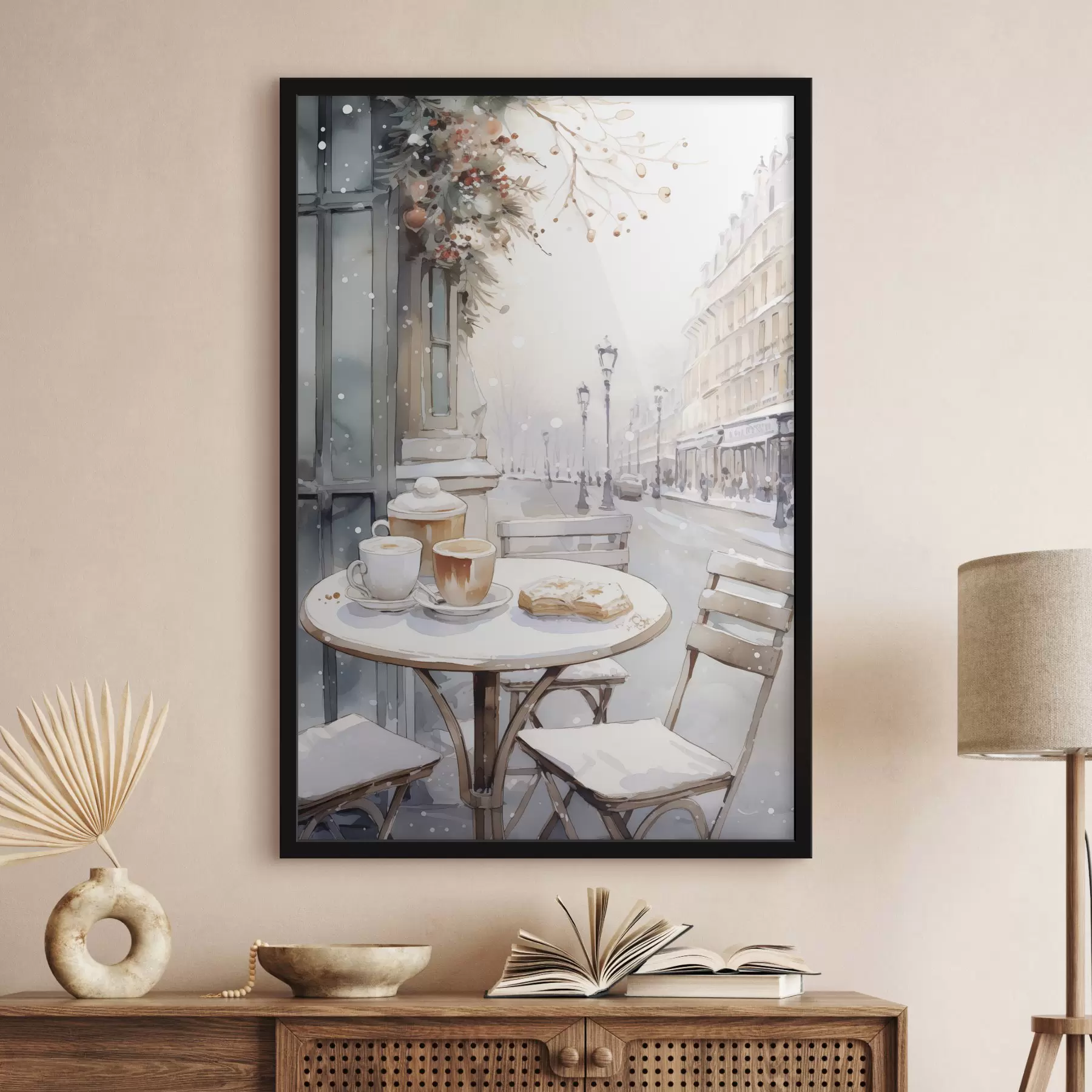 Fototapety Estetická pouličná kaviareň, Francúzsko, čerstvé pečivo, kresba v štýle akvarelu f42798