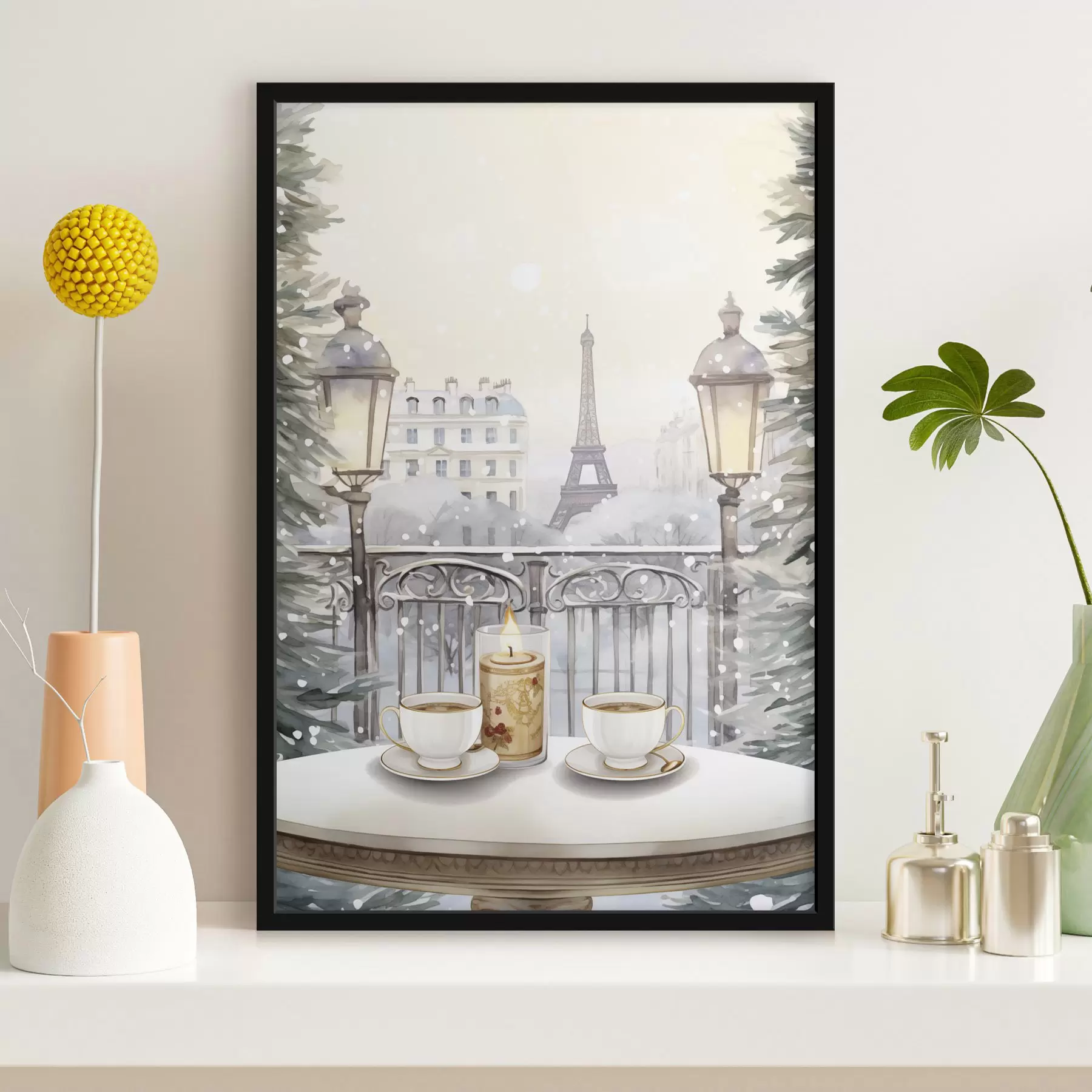 Fototapety Krásna kaviareň v Paríži, čajové šálky, romantický pohľad, zima, akvarel f42799