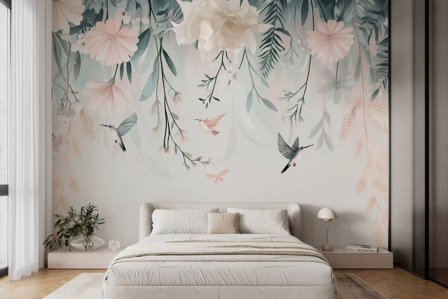 Fototapety ružové kvety v imitácii maliarskej techniky visiace zhora w03012