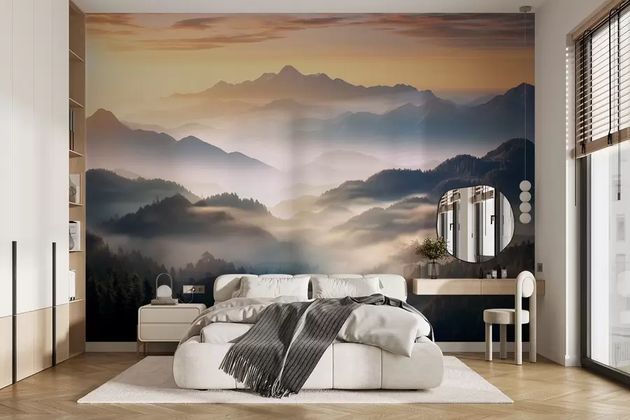 Fototapety Pokojná horská krajina na úsvite s jemnou hmlou zahaľujúcou borovice w08748