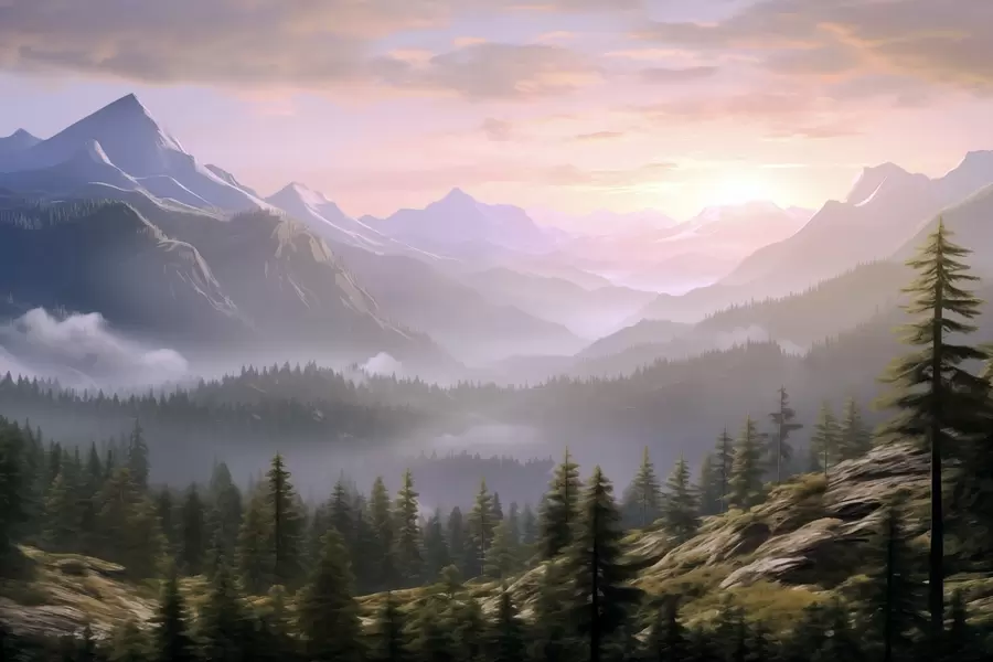 Fototapety Pokojná horská krajina na úsvite s jemnou hmlou na pozadí lesa w08750