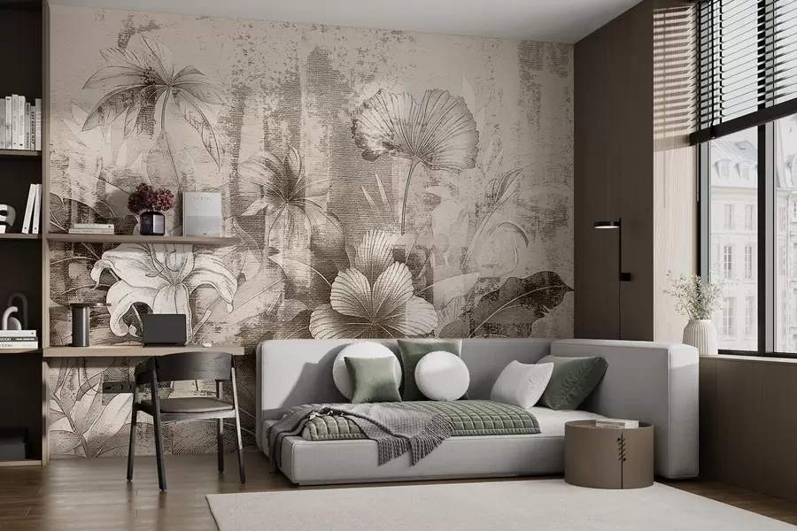 Fototapety Vintage dizajn s exotickými kvetmi a rastlinami w08767v2