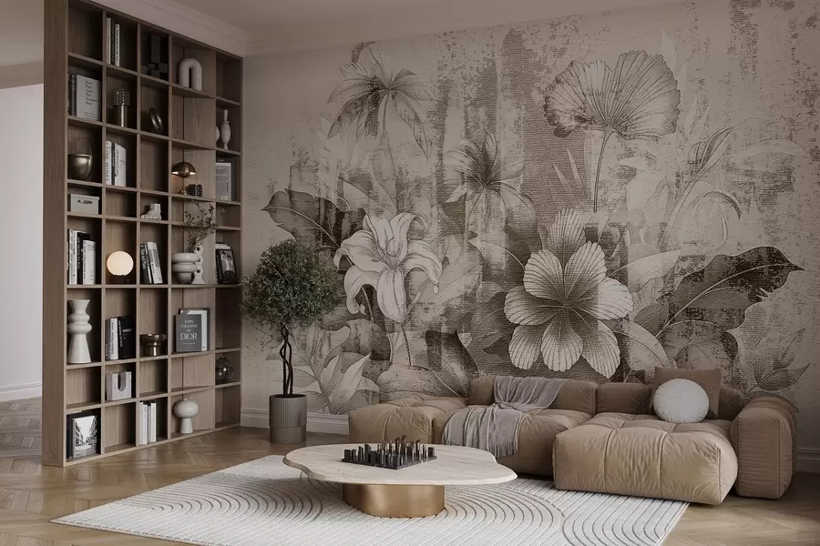 Fototapety Vintage dizajn s exotickými kvetmi a rastlinami w08767v2