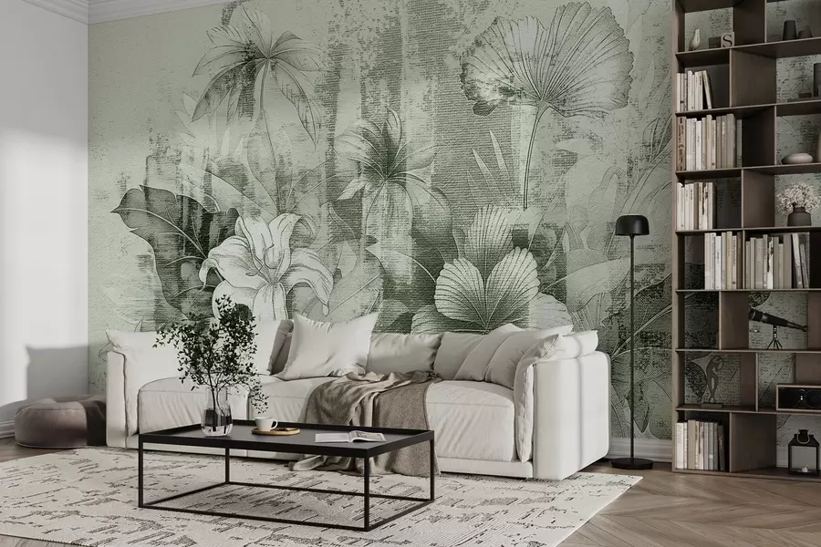 Fototapety Vintage dizajn s exotickými kvetmi a rastlinami w08767v3