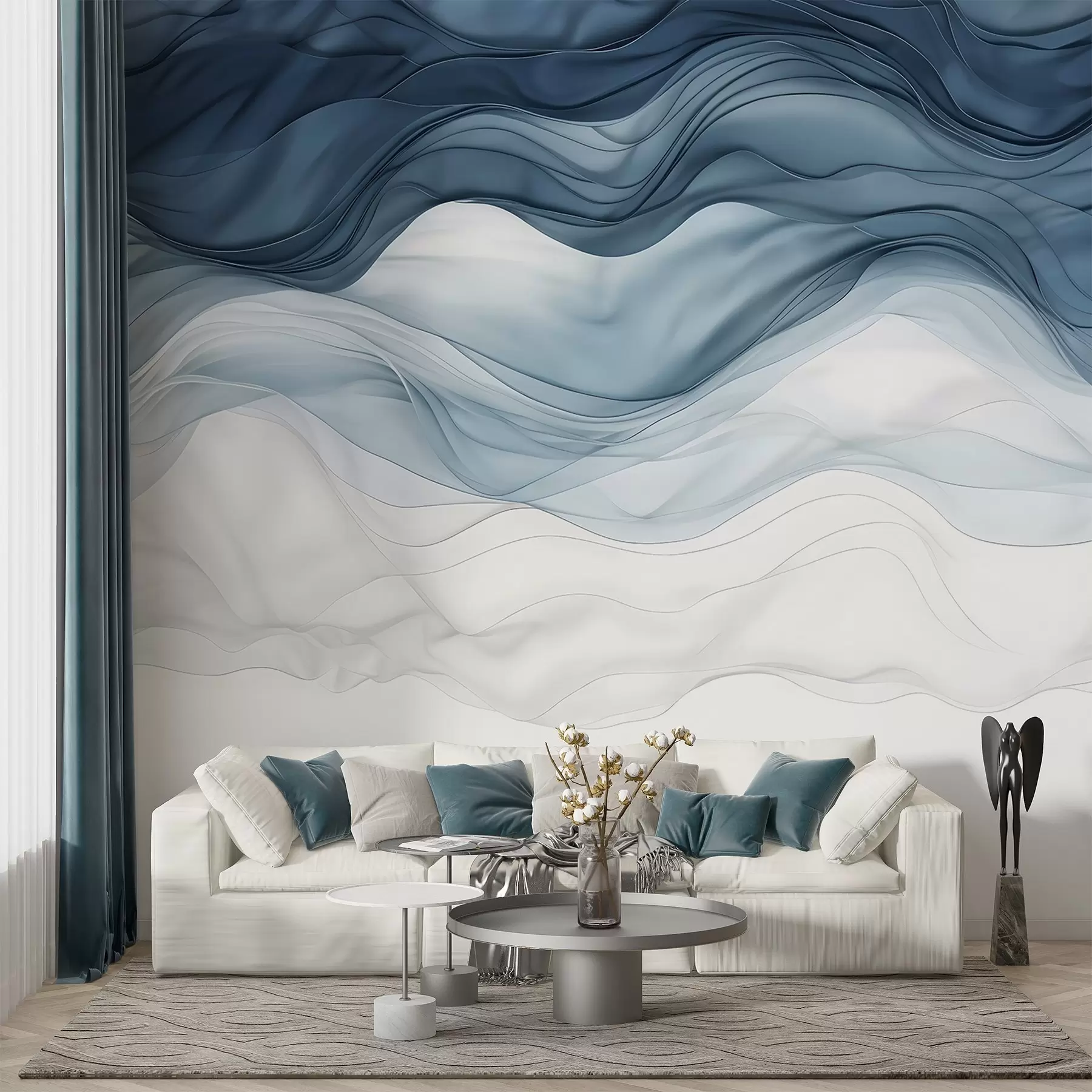 Fototapety Plynúce vlny priesvitných textúr v odtieňoch tmavomodrej , svetlomodrej a bielej na svetlom pozadí  w08775