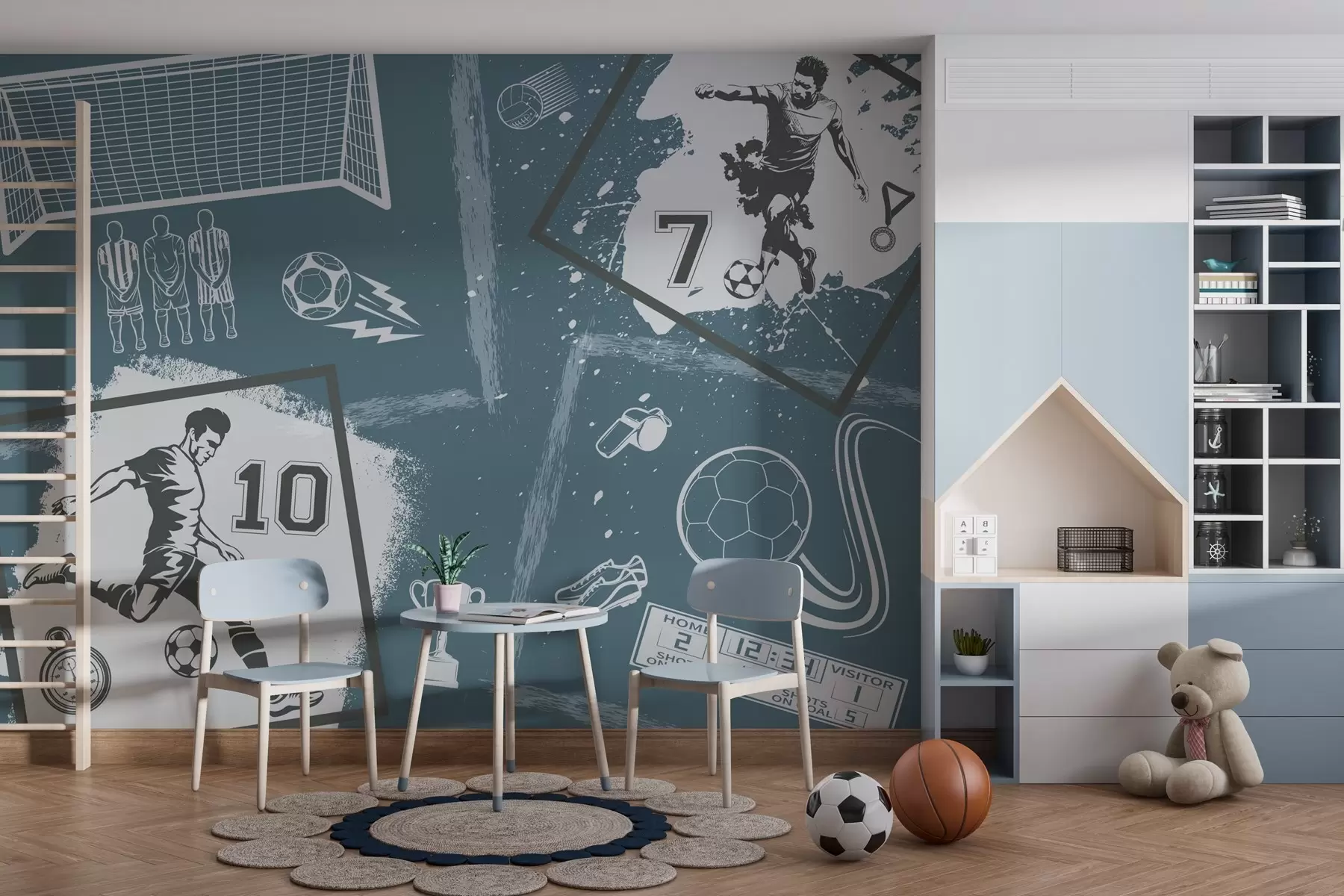 Fototapety Futbalisti, lopta a ďalšie futbalové atribúty v modrých tónoch w03122