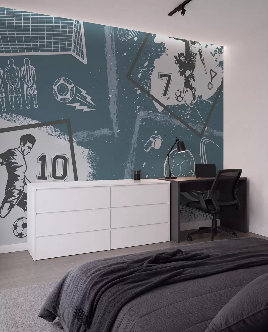 Fototapety Futbalisti, lopta a ďalšie futbalové atribúty v modrých tónoch w03122