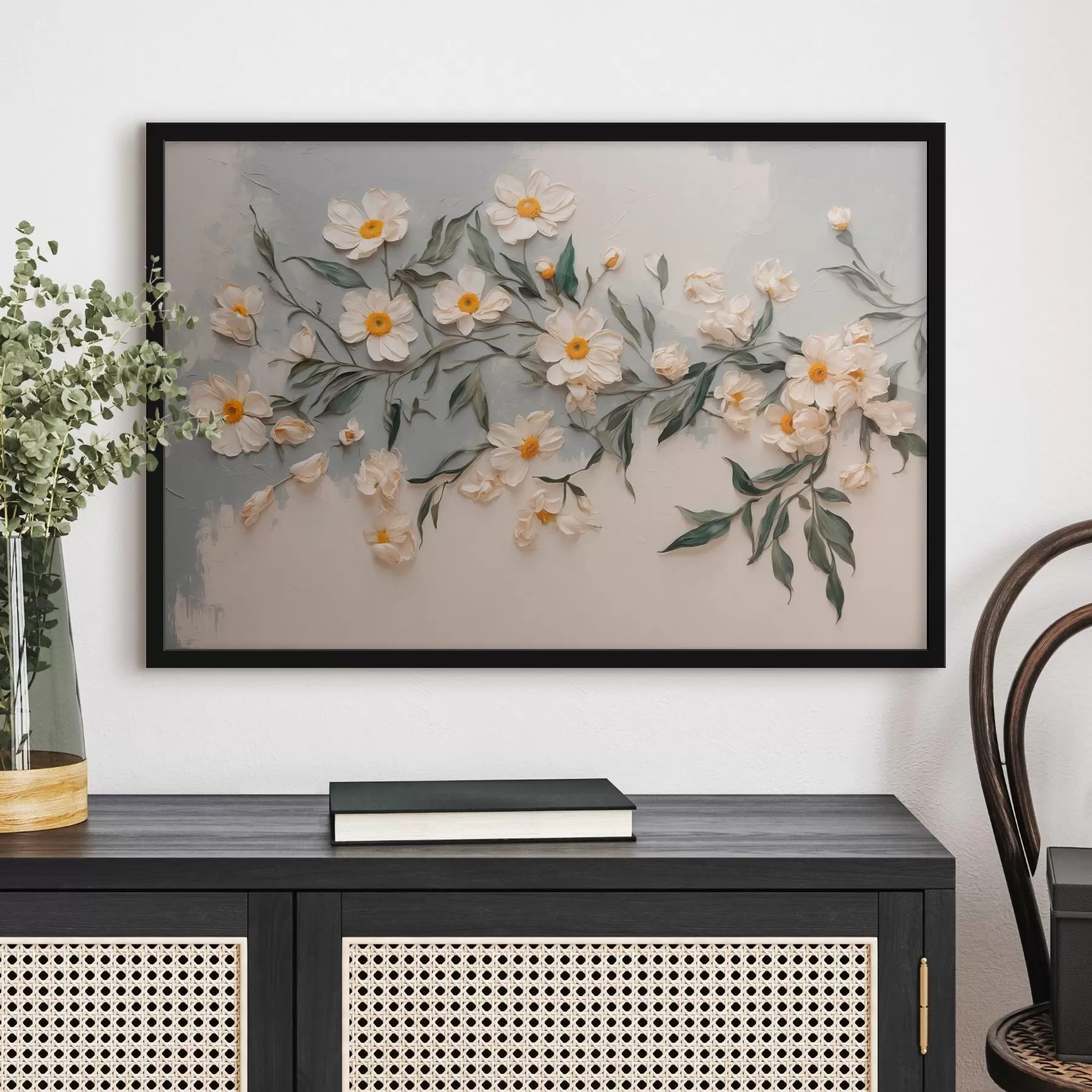 Fototapety Biele kvety a listy na bielom a sivom pozadí f42764