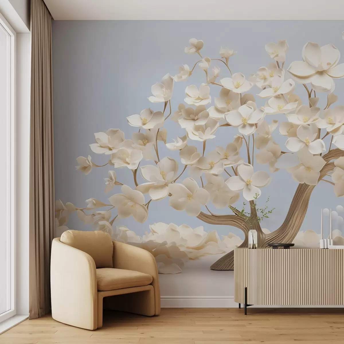 Fototapety Strom s jemnými kvetmi na svetlomodrom pozadí w08793