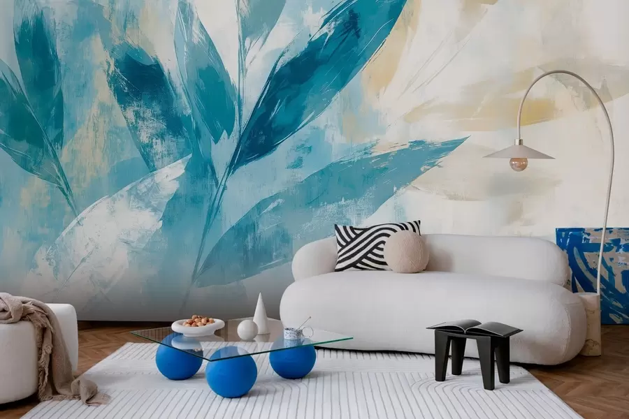 Fototapety modré listy v štýle abstraktných ťahov w03109