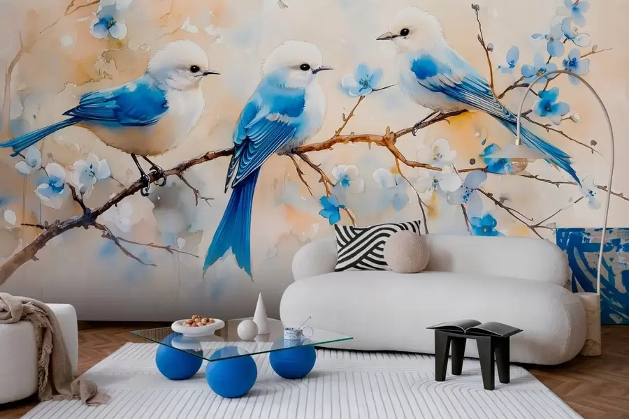 Fototapety jarné spevavce na konári stromu v akvarelovom štýle w03112