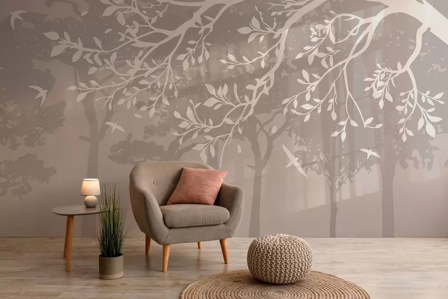 Fototapety silueta krémovej vetvy stromu s vtákmi na pozadí lesa w03116