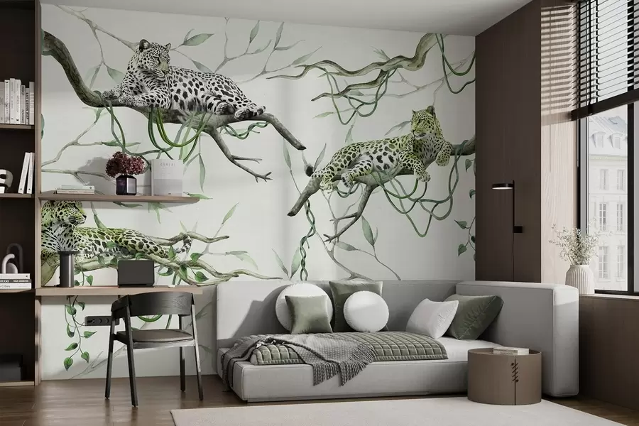 Fototapety Leopardy na stromoch džungle, liany, tropické, divoké zvieratá, zelená paleta farieb w03146v1