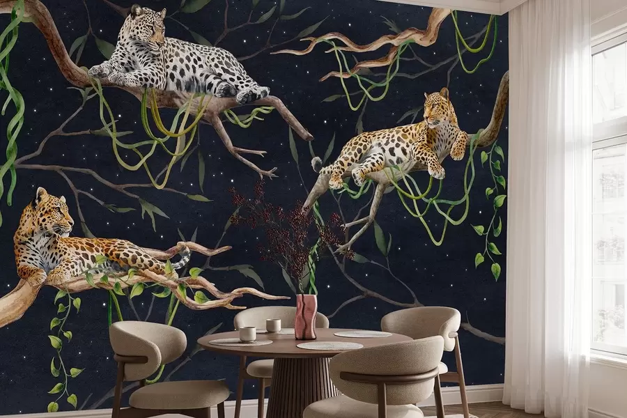 Fototapety Leopardy na stromoch džungle, liany, tropické, divoké zvieratá, nočná obloha s hviezdami w03148