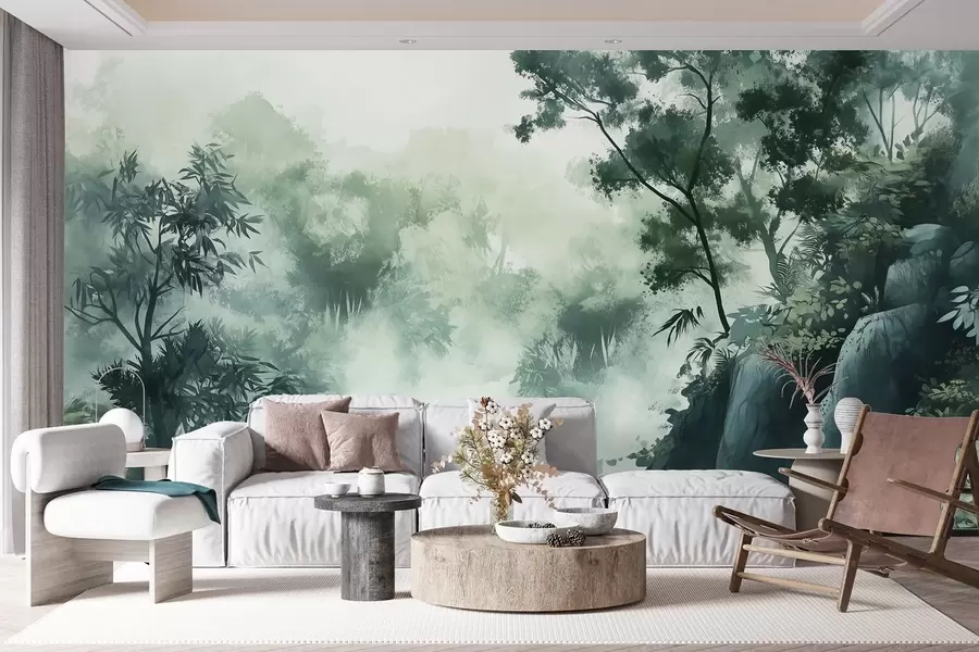 Fototapety Orientálna krajina, džungľa, stromy, akvarel, zelené farby w03149