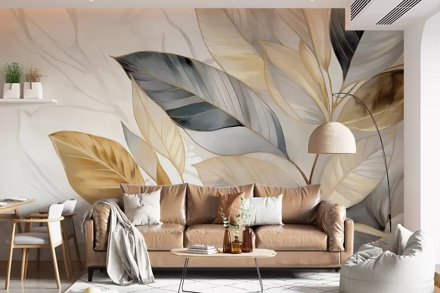 Fototapety Žlté, sivé a biele jemné veľké listy na bielom abstraktnom textúrovanom pozadí w08828