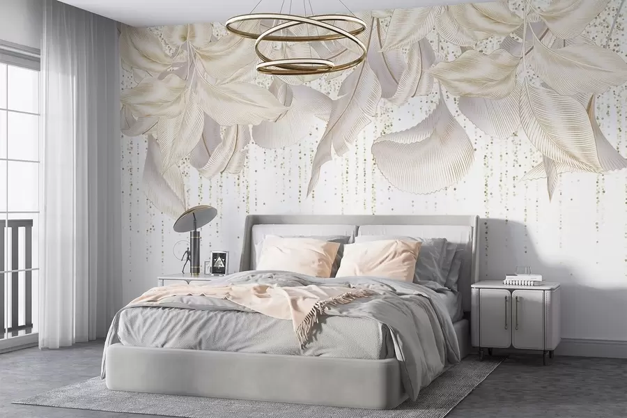 Fototapety Biele detailné tropické listy a žlté bodky na bielom pozadí w08836