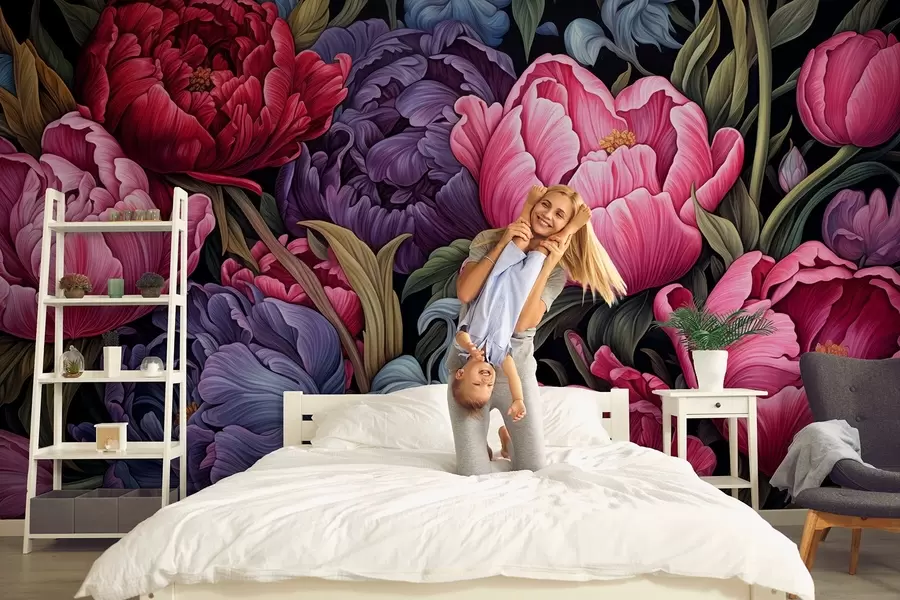 Fototapety Tulipány a pivonky vo viktoriánskom štýle, v ružovej a fialovej farbe w08818