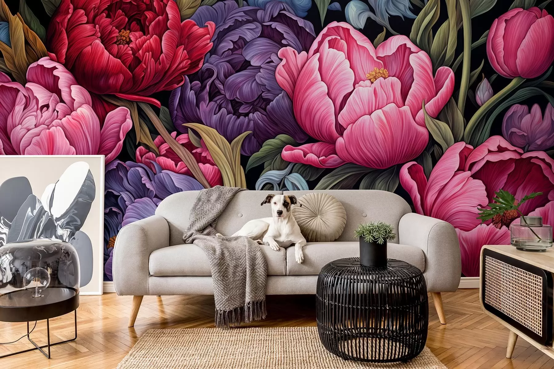 Fototapety Tulipány a pivonky vo viktoriánskom štýle, v ružovej a fialovej farbe w08818