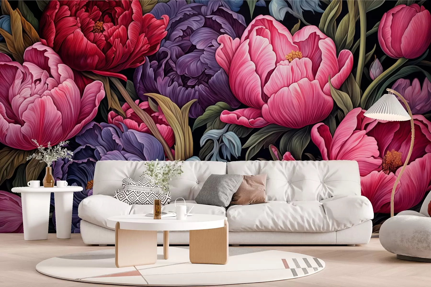 Fototapety Tulipány a pivonky vo viktoriánskom štýle, v ružovej a fialovej farbe w08818