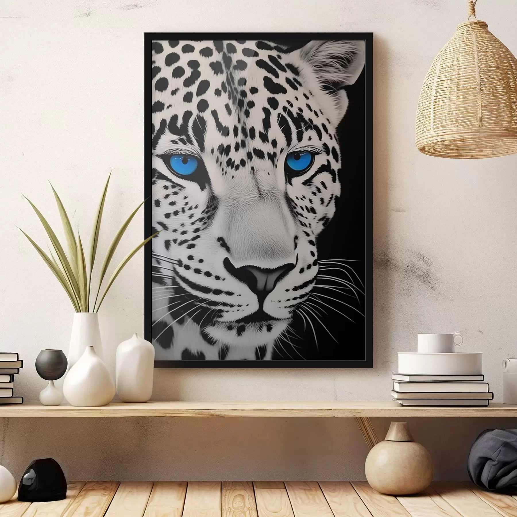 Fototapety Čiernobiely portrét leoparda s modrými očami f43008