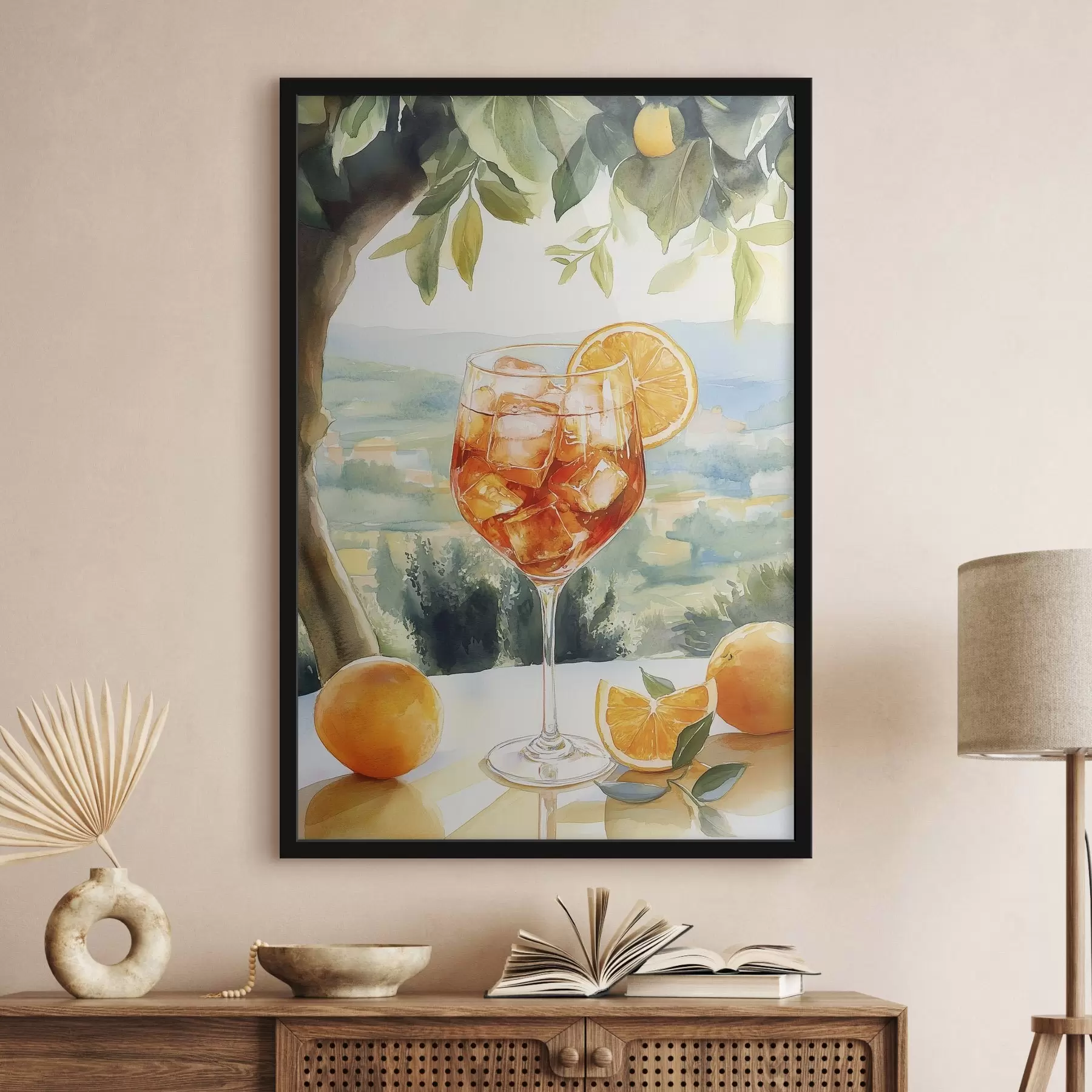 Obraz Letný koktail, Aperol Spritz, pomaranče, kresba v štýle akvarelu f43058