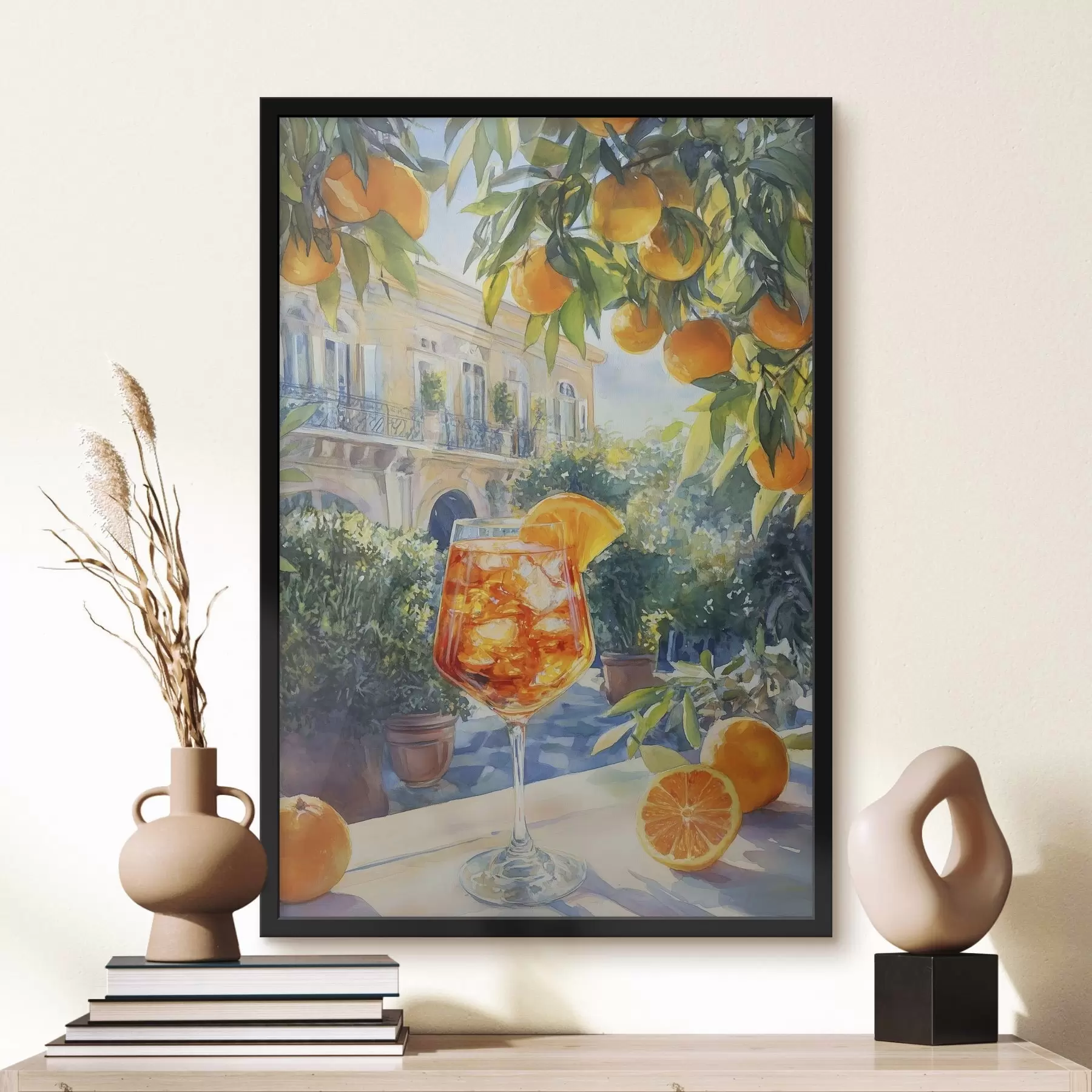 Fototapety Koktail s pomarančmi, akvarel, Taliansko, Aperol Spritz, architektúra, letná záhrada f43061