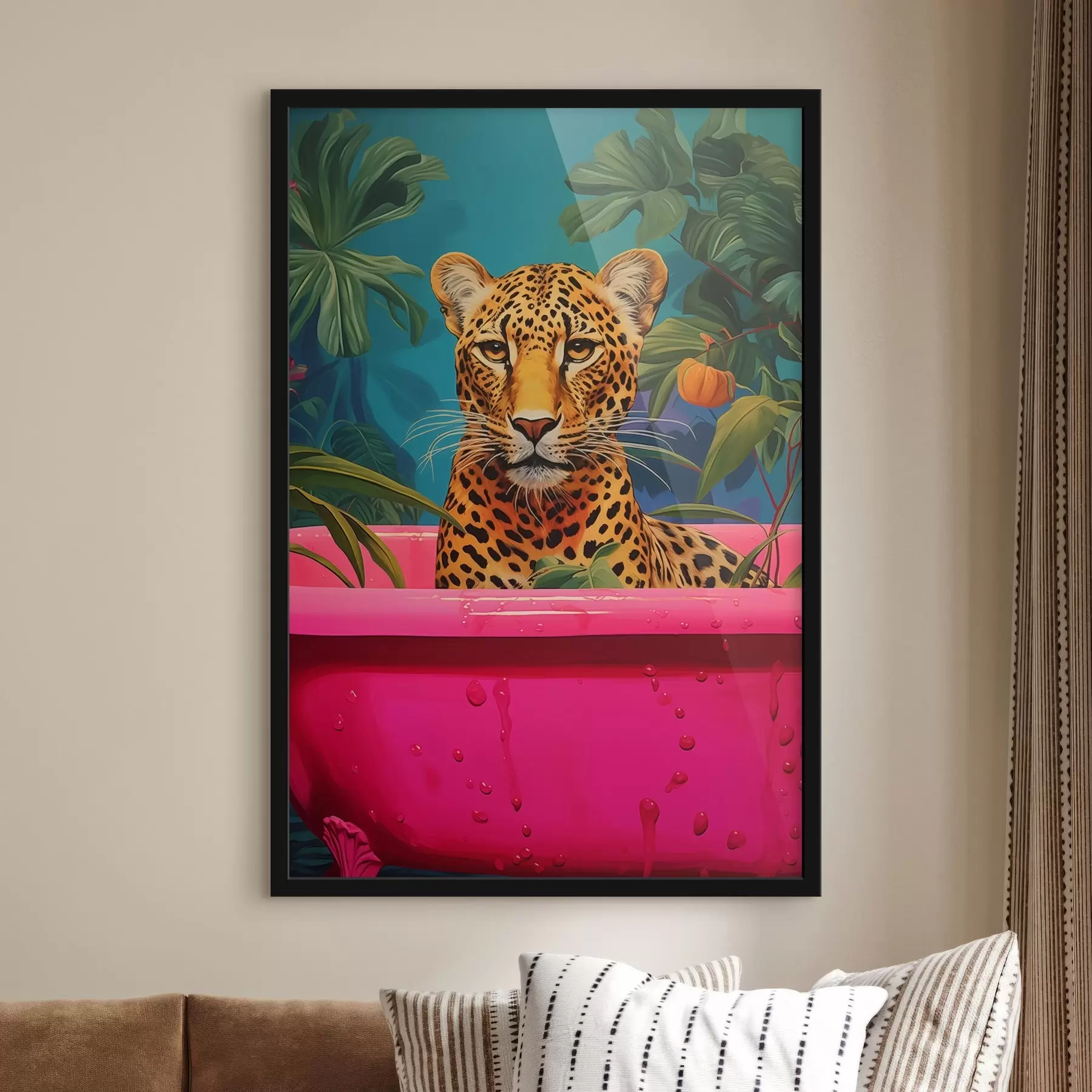 Fototapety Leopard v ružovej vani uprostred exotických rastlín f43135