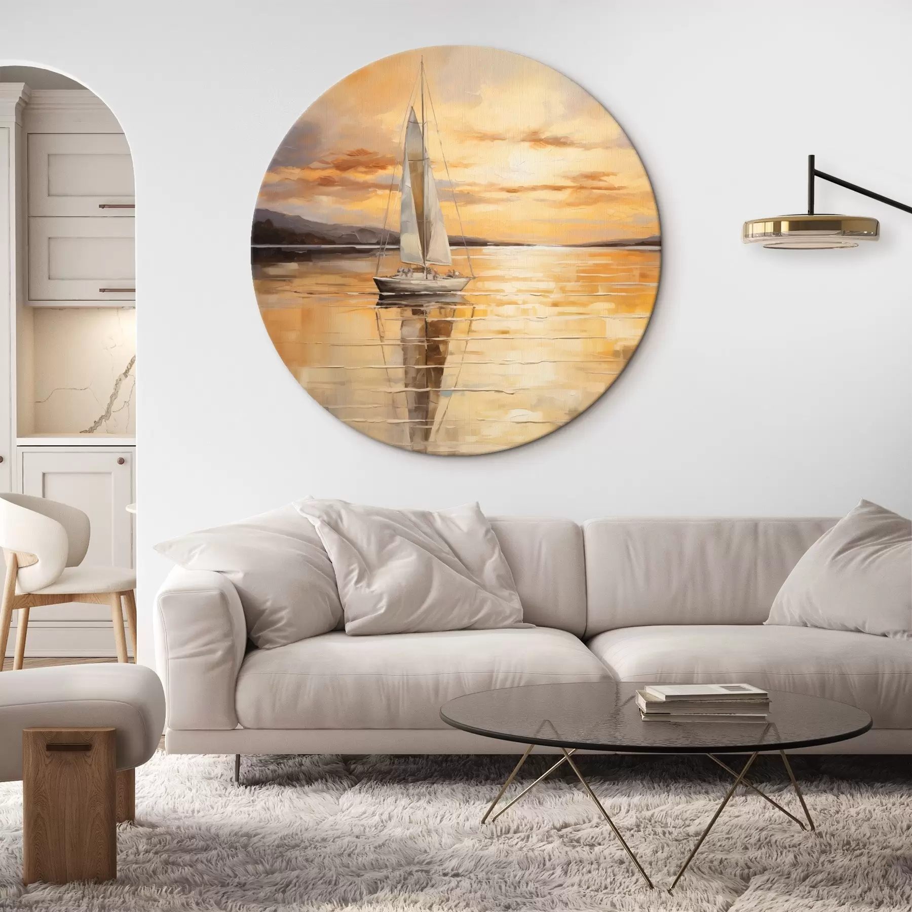 Obraz Krajinomaľba s plachetnicou na pokojnom mori, oranžová a žltá obloha, vzdialené hory r43169